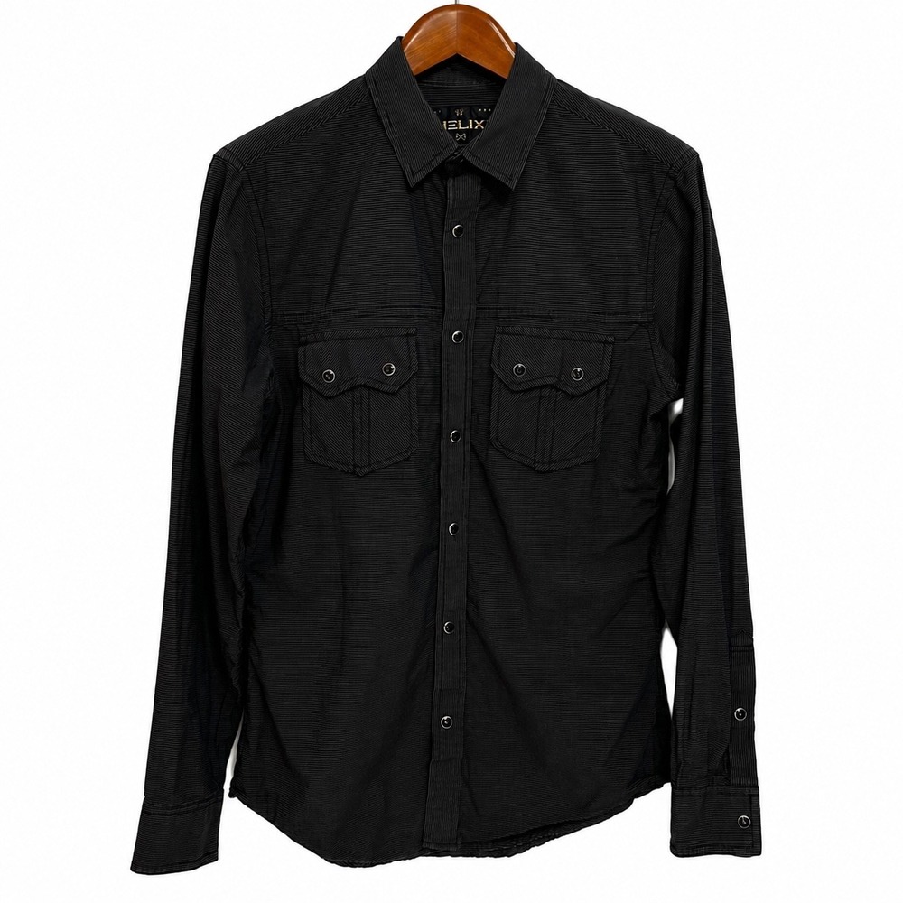 Helix Mens Small Black Micro Stripe Button Down Long Sleeve Shirt 100% Cotton